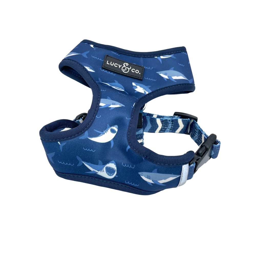 Lucy & Co. Reversible Dog‎ Harness Shark & Waves Print Blue Neoprene Size S**